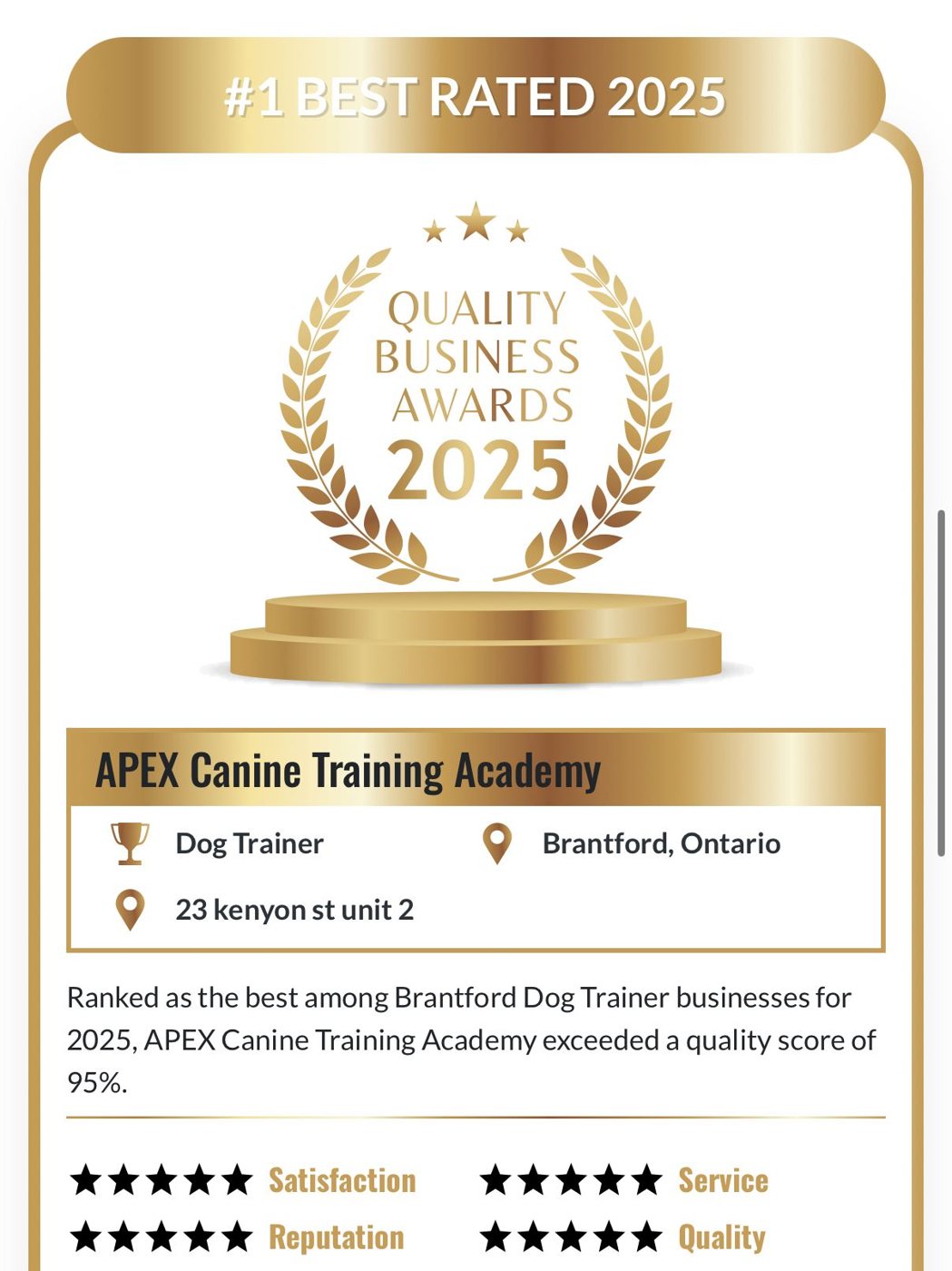 Quality Business Awards certificate, Brantford