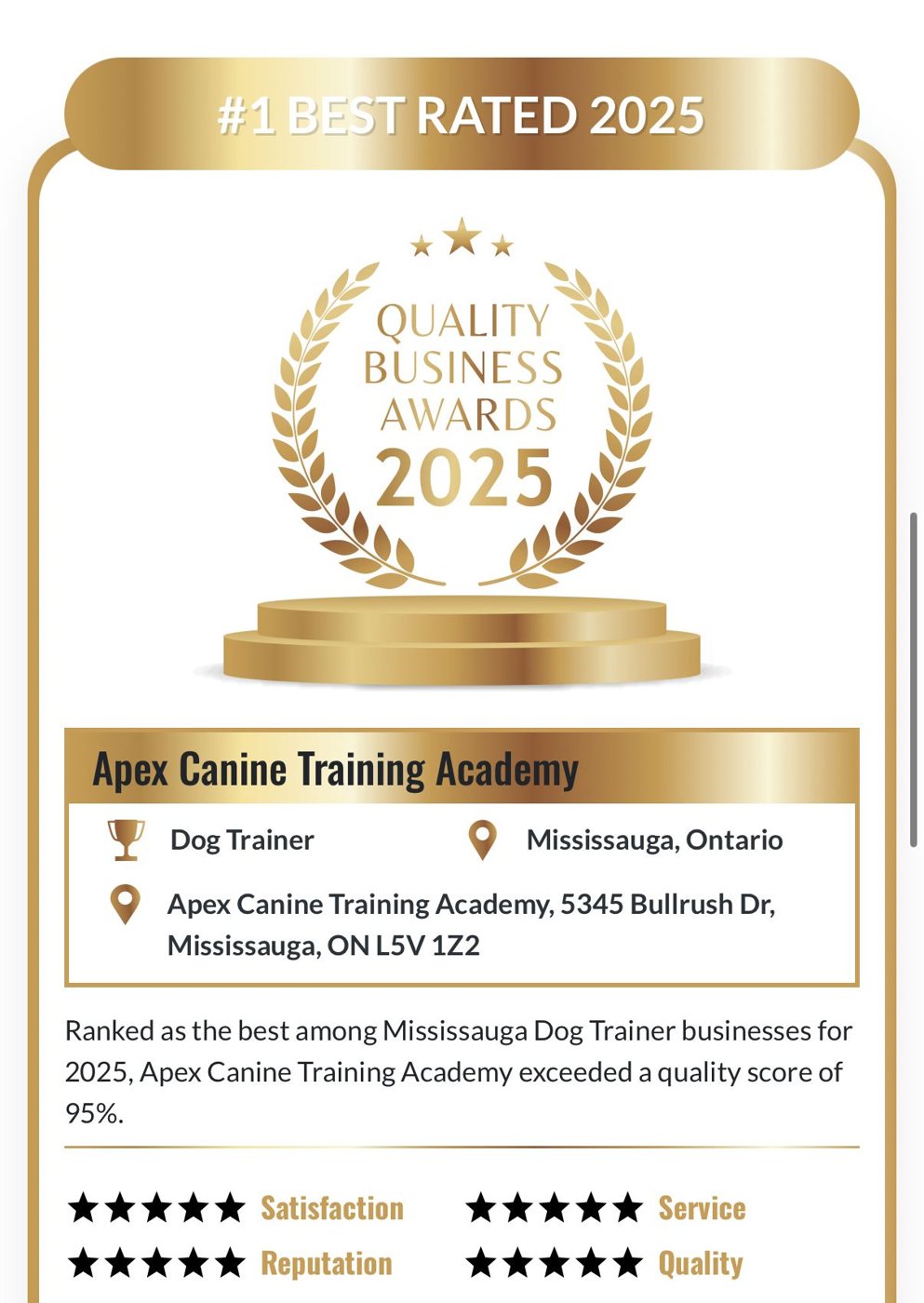 Quality Business Awards certificate, Mississauga